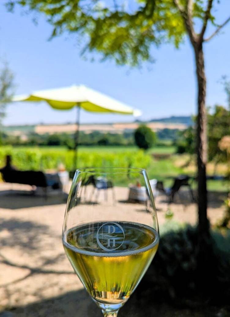 Glas wijn op het terras van Domein Holset in Zuid-Limburg